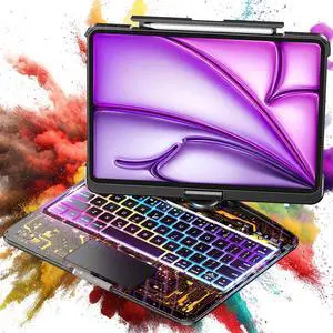 Clear Wireless Keyboard Case for iPad Air 13 Inch (M3/M2, 2025/2024)/ iPad Pro 12.9" (6/5/4/3 Gen) 2018 2020 2021 2022, 7-Color Backlit, Pencil Holder & Multi-Touch Trackpad, 360 Rotatable, Black
