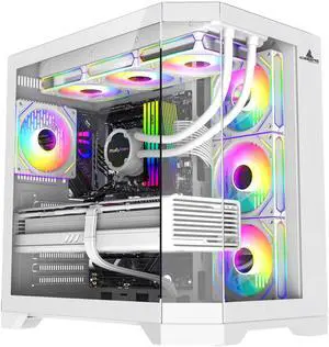 PC Gaming ATX Case Iceberg Crystal Edge Full Panoramic View Three Sides Tempered Glass Window with Seven high-Performance Fans aRGB (White)