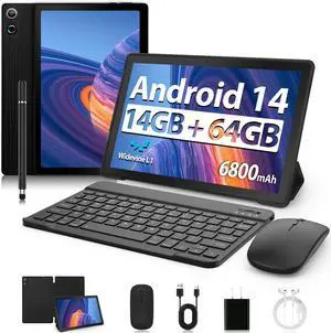Tablet, 11 Inch Android 14 Tablets, 14GB RAM+64GB ROM (TF 1TB) with Octa-Core, 6800mAh, Widevine L1, WiFi 6, 8 in 1 Tablet with Keyboard, Mouse, Protective Case, Stylus, Headset, Charger- Black