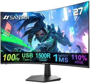 SANSUI Curved Monitor 27 inch 100Hz USB Type-C Computer Monitor with Speakers Built inFHD 1080pHDR110% sRGB1500RVESA Compatible,for Tablet,Desktop,Laptop and PC Work Gaming (ES-27C1)