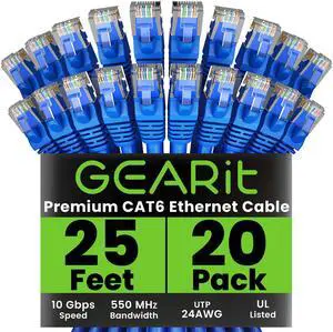GEARit Cat 6 Ethernet Cable (20-Pack 25 Feet) Cat6 Network Patch, 10Gbps, RJ45, Snagless Cord, Gold-Plated Connectors, Internet for PC, TV, Tablet, Router, Printer, Servers, IT Data Center - Blue GEARit Cat 6 Ethernet Cable (20-Pack 25 Feet) Cat6 Network Patch, 10Gbps, RJ45, Snagless Cord, Gold-Plated Connectors, Internet for PC, TV, Tablet, Router, Printer, Servers, IT Data Center - Blue
