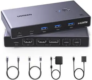 UGREEN USB-C KVM Switch 2 Monitors 2 Laptops with 4 USB 3.0 Ports 4K@60Hz for 2 Laptops Share Dual Monitors Keyboard Mouse Hard Drive Printer with PD100W Power Adapter, 2 USB Cables, Controller