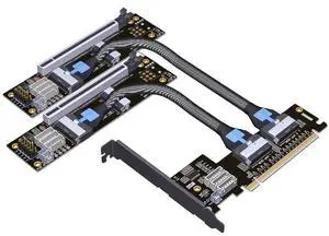 JMT ADT-F36B-F37B-D8S PCI-e 4.0 X16 to X8 X8 MCIO Bifurcation Adapter Riser Card 256G/bps Split Extender SFF-TA-1016 with Power Cable (50cm)