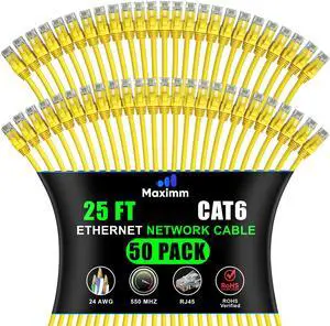 Maximm Cat 6 Ethernet Cable 25 ft (50-Pack) - High-Speed LAN, Internet, Patch, and Network Cable - UTP, 10Gbps, 550MHz Ethernet Cord - Yellow