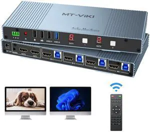 MT-VIKI 4K Seamless KVM HDMI Matrix Switch 4 in 2 Out w/Mouse Switching & 3.5mm Audio & IR Remote, 4K@30Hz, Support EDID+Hotkey+RS232