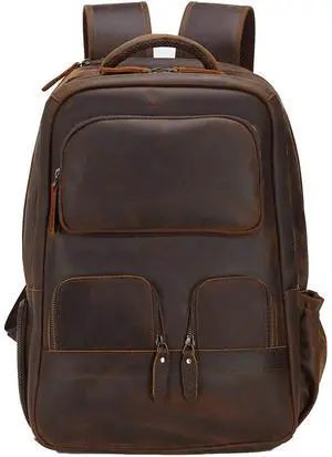 Masa Kawa Leather 15.6 Inch Laptop Backpack for Men Vintage Brown Large Business Travel Rucksack Bag Overnight Daypack
