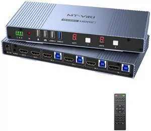 MT-VIKI Seamless 4x2 HDMI Matrix KVM Switch, HDMI+DP KVM Switch for 4 Computers 2 Monitors, 4K@60Hz/2K@144Hz, 3.5mm Audio Ouput, Support Mouse Switching+ Hotkey