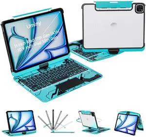 Uminy iPad Keyboard Case for iPad 10th Gen (2022) & 11th (A16, 2025), Magic Wireless Keyboard with Trackpad 7 Color Backlit, 360° Rotating Stand Transparent Protective Cover with Pencil Holder (Cyan)