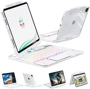KARTICE Transparent 360 Keyboard Case with Wireless Keyboard for iPad Air 11 Inch 2024, 10.9" iPad Air 5th/4th, 11" iPad Pro 4/3/2/1 360° Rotating Stand