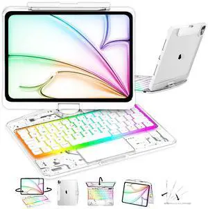 CNAIDUNR Transparent 360°Rotatable Keyboard Case for iPad Air (M2/M3,2024/2025) 11 Inch,10.9" iPad Air 5th/4th & 11" iPad Pro 4/3/2/1,Clear Hard PC Back,Trackpad,Pencil Holder,7 Color Backlight,White