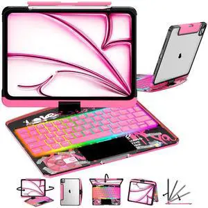 CNAIDUNR Transparent 360°Rotatable Keyboard Case for iPad Air (M3/M2,2025/2024) 11 Inch,10.9" iPad Air 5th/4th & 11" iPad Pro 4/3/2/1,Clear Hard PC Back,Trackpad,Pencil Holder,7 Color Backlight,Pink