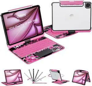 Uminy iPad Keyboard Case for 2024 M4 iPad Pro 13 inch, Magic Wireless Keyboard with Trackpad 7 Color Backlit, 360° Rotating Stand Transparent Protective Cover with Pencil Holder (Pink)