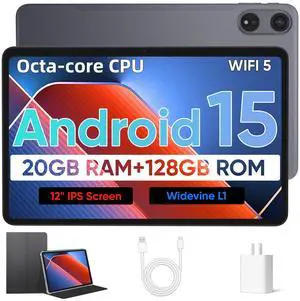 Android 15 Tablet with Octa-Core Processor, 12 Inch Tablets 20GB RAM (6+14GB), 128GB ROM+1TB Expand, 2000 * 1200 IPS Touch Screen, 8000mAh Battery 18W Fast Charge, 2.4/5Ghz Dual Band WiFi - Black