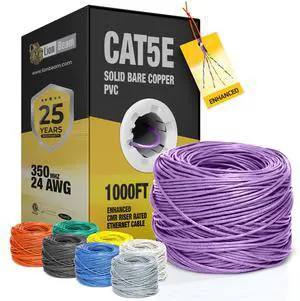 LION BEAM Cat5e Ethernet Cable 1000FT Pull-Box, 24AWG, CMR Insulated Solid Bare Copper Internet Cable 350 MHz, Provides High-Speed 1-5Gbps, UTP Bulk Ethernet Riser Wire with Smooth Fast Reel, Purple