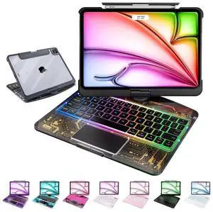 MAYDORHER for iPad Pro 13 Inch Case with Keyboard, 360 Rotating for iPad Pro M4 Magic Keyboard with Cyberpunk High-tech Style, Pressure Reduction Sound Effect, 7 Colors Backlight, Transparent Black