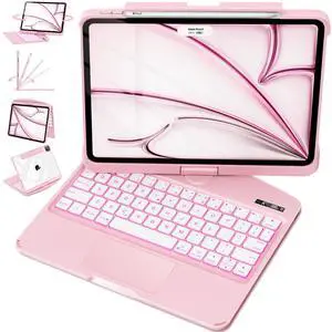Lecsas iPad Air 11" Keyboard Case (M3, 2025)  360° Rotatable Trackpad, RGB Backlit Keyboard, Transparent Back, Solid Color Panel, Pencil Holder, Type-C Charging  Blush Pink (Solid)