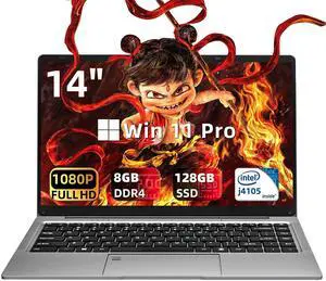 Rumtuk 14" Ultra-Thin Laptop - Win 11 Pro + Office 2019, FHD IPS, in tel Celeron J4105, 6GB RAM, 128GB SSD, 180° Hinge/HDMI/WiFi/BT, Lightweight & Portable, Perfect for Work, Study, Travel,Gray