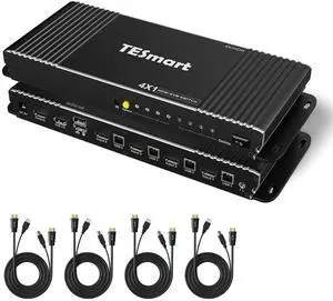 TESmart HDMI KVM Switch 4 Port 4K@60Hz Ultra HD 4x1 with 4 Pcs 5ft KVM Cables Supports Keyboard & Mouse Pass Through USB 2.0 Device (Black)
