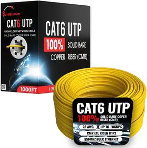Cables Direct Online Cat6 23AWG 1000FT Solid Bare Copper, CMR ETL Riser Wire, POE (Power Over Ethernet) 550MHz Bulk Ethernet, Yellow