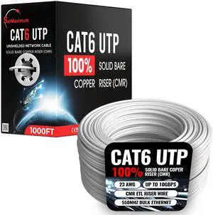 Cables Direct Online Cat6 23AWG 1000FT Solid Bare Copper, CMR ETL Riser Wire, POE (Power Over Ethernet) 550MHz Bulk Ethernet, White