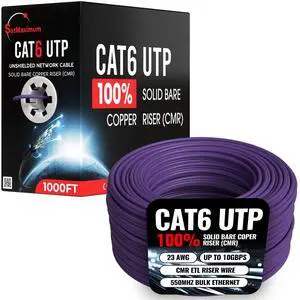 Cables Direct Online Cat6 23AWG 1000FT Solid Bare Copper, CMR ETL Riser Wire, POE (Power Over Ethernet) 550MHz Bulk Ethernet, Purple