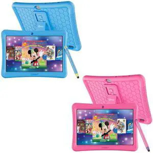 Contixo 10" Kids Tablet Bundle - 64GB Android Tablets with Disney Storybooks & Stickers, Kid-Proof Case, Kickstand & Stylus (Pink & Blue, 2023 Model)