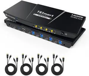 TESmart USB 3.0 HDMI KVM Switch 1 Monitor 4 Computers 4K@60Hz, L/R Audio & Microphone, 4 Port EDID Emulators, Hotkey Switching, Button Switching with Remote Switch and All Input Cables