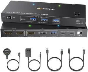 KCEVE KVM Switch 2 Monitors 2 Computers USB C HDMI DP, KVM Switch Dual Monitor for Laptop & Desktop, USB 3.0 MST Dual HDMI 4K@60Hz, PD 60W for Laptop, with Wired Remote