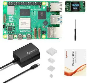 RasTech Raspberry Pi 5 Kit 16GB RAM with 27W PD Power Supply 5.1V5A,Heat Sinks and Raspberry Pi 5 16GB Board Included