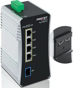 PROCET Gigabit PoE Switch 4-Port Din Rail, 90W/Port, Industrial PoE++ Fiber Media Converter with Wide Temp -40°F to 149°F, SFP Slot, Boost, 12-57V DC Input, IEEE802.3af/802.3at/802.3bt, PT-PIS4PB1S-E