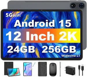 Tablet 12 inch Android 15 Tablets, 24GB8+16RAM+256 Storage(Expand to 1TB), Android Tablet with Keyboard, Octa-Core, 2K 2000x1200 Display, 16MP Dual Camera, 8000mAh, 5G WiFi,GPS,Bluetooth 5.0Black