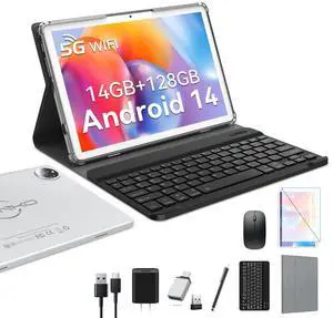 2025 Latest Android 14 Tablet 10 inch with 128GB Rom+14GB Ram+2TB Expand, 4G Cellular Tablets with Dual Sim Slot, 2 in 1 Tablet with Case/Keyboard/Mouse, 5G&2.4G Wifi, Octa-Core GPS 8000mAh (Silver)
