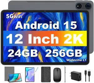 Tablet 12 inch Android 15 Tablets, 24GB8+16RAM+256 Storage(Expand to 1TB), Android Tablet with Keyboard, Octa-Core, 2K 2000x1200 Display, 16MP Dual Camera, 8000mAh, 5G WiFi,GPS,Bluetooth 5.0Silver