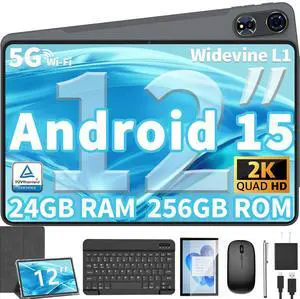 12 Inch Tablet Android 15 Tablets, 2025 Upgraded Android Tablet with Keyboard, 24GB RAM+256GB ROM(1TB Expand), Octa-Core, 2K 2000x1200 Display, 16MP Dual Camera, 8000mAh, 2.4G/5G WiFi, GPS (Silver