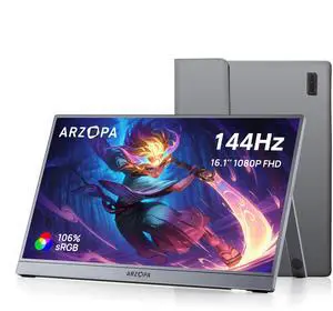 ARZOPA 16.1'' 144Hz Portable Gaming Monitor, 106% sRGB 1080P FHD Kickstand Portable Monitor with HDR, Ultra Slim, Eye Care, External Second Screen for Laptop, PC, PS5, Mac, Xbox-Z1FC Gray