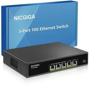 5 Port 10G Ethernet Switch Unmanaged,with 5X 10Gb Base-T RJ45 Ports, NICGIGA 10Gbps Network Switch Easy for 10G NAS,PC,WiFi7 Router,10G Adapter/NIC. Desktop or 19-inch Rack Mount, Plug and Play.