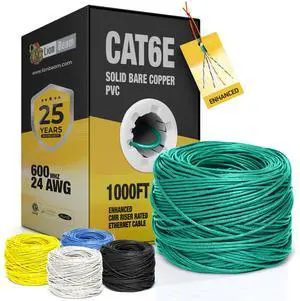 LION BEAM Cat6e Enhanced Ethernet Cable 1000 FT Box 24AWG, PVC-CMR Insulated Solid Bare Copper Internet Cable 600 MHz, Provides High-Speed 10Gbps, UTP Bulk Ethernet Riser Cable with Fast Reel, Green