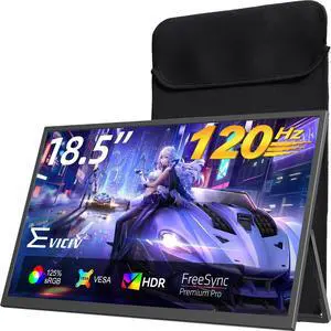Portable Monitor 18.5 | 120HZ 1ms Gaming Monitor | 125% sRGB | FreeSync, HDR | 350Nits | USB-C & HDMI | VESA & Kickstand | Large Travel External Second Screen for Laptop, Switch, Game Consoles