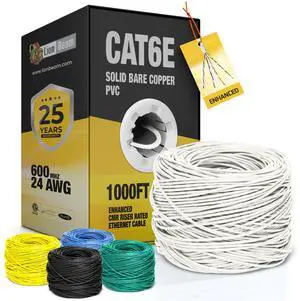 LION BEAM Cat6e Enhanced Ethernet Cable 1000 FT Box 24AWG PVC-CMR Insulated Solid Bare Copper Internet Cable 600 MHz, Provides High-Speed 10Gbps, UTP Bulk Ethernet Riser Cable with Fast Reel, White