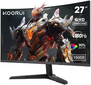 KOORUI 27" Curved Gaming Monitor,180Hz QHD 1440P Computer Monitor, 1ms R1500 VA Display, HDR10,90% DCI-P3, Adaptive Sync, VESA Compatible,Tilt Adjustable 27E6QCA