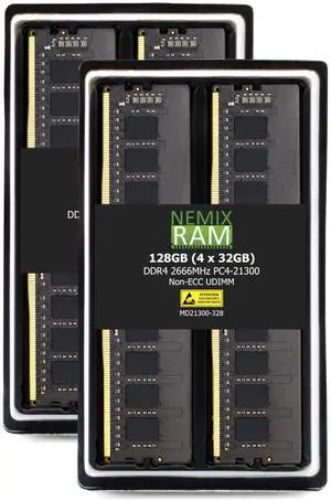 NEMIX RAM 128GB (4X32GB) DDR4 2666MHZ PC4-21300 2Rx8 1.2V CL19 288-PIN Non-ECC Unbuffered UDIMM Desktop PC Memory KIT