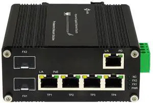 Industrial 2 SFP + 5-Port Gigabit PoE Passthrough Switch, 1 PD + 4 PSE, 95W PoE Input, 71W Output, IEEE802.3af/at/bt Support, DIN Rail PD Switch with 100/1000X SFP Slot