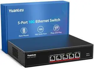 YuanLey 5 Port 10G Ethernet Switch, 5 x 10Gbps RJ45 Ports, Support 10G/5G/2.5G/1G/100Mbps Speed Auto-Negotiation, 100Gbps Switching Capacity, Unmanaged Switch Rackmountable, Plug and Play
