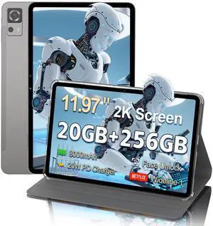 Android Tablet 12 Inch, Tablets Octa-Core T616, Large Android Tablet with 2K Display, 20W Fast Charger & Case, 20GB RAM 256GB ROM 1TB Expand, 8000mAh, Dual-Band WiFi, GMS Widevine L1, Metal, Grey