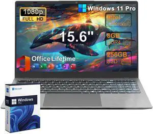 2025 Laptop Computer 15 15.6 Inch FHD 1080p, Windows 11 Pro, 8GB RAM, 256GB SSD, Dual-Core Intel Celeron(Up to 2.6GHz), Bluetooth, Numeric Keypad, Free MS Office for School College Students Business