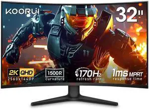 KOORUI 32" QHD Curved Gaming Monitor - 170Hz 1ms 1500R Immersive Display, FreeSync Premium Adaptive Sync,90% DCI-P3 HDR10HDMI & DisplayPortBlack