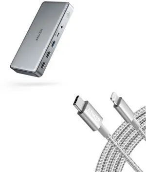 Anker USB-C to Lightning New Nylon Cable, [6ft MFi Certified] (Silver) & Anker 563 USB C Docking Station (10-in-1), with Dual HDMI Ports and DisplayPort, 100W Charging for Laptop