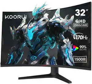 KOORUI 32 inch Curved Gaming Monitor - QHD (2560 x 1440) 2K Display, 170Hz 144Hz Monitor, 1500R Curvature, 1ms, HDR10, Adaptive Sync, Tilt Adjustable, DisplayPort HDMI, Black - 32E6QC