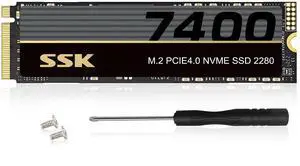 SSK M.2 NVMe SSD 4TB, PCIe Gen 4.0 x4 M.2 2280 SSD Card Up to 7400MB/s, NVMe 2.0 Internal Gaming Solid State Drive Support DRAM-Less Low Power Consumption, Trim, Graphene Heatsink Included
