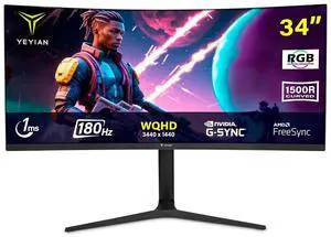 YEYIAN 34 inch Ultrawide Curved 180Hz Gaming Computer Monitor 1ms 1500R VA Screen PC, 21:9 WQHD (3440x1440), 178°Viewing Angle, sRGB 129%, DCI-P3 92%,FreeSync,HDMI x2,DP1.4 x2,Tilt Adjustable